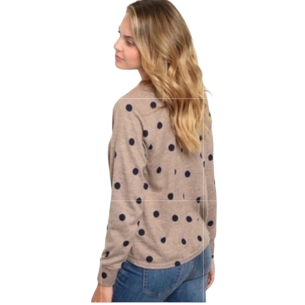 64.perch by blu pepper 1XL mocha beige heather navy polka dot tie front top NWOT - Picture 4 of 13